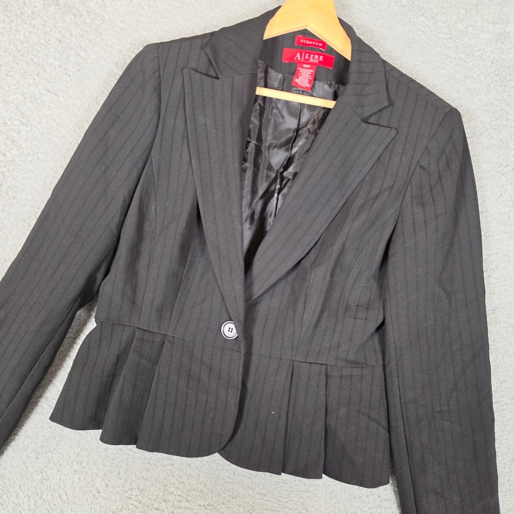 A Line Pinstripe Peplum Blazer Women 10P Black Excellent Stretch One Button Coat
